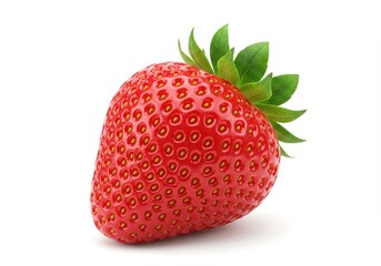 A fresh plump strawberry with a vibrant red surface, isolated on a white background