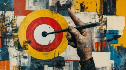 Fototapeta premium Contemporary art collage art depicting a hand holding a target. Concept of goal achievement, business and finance.