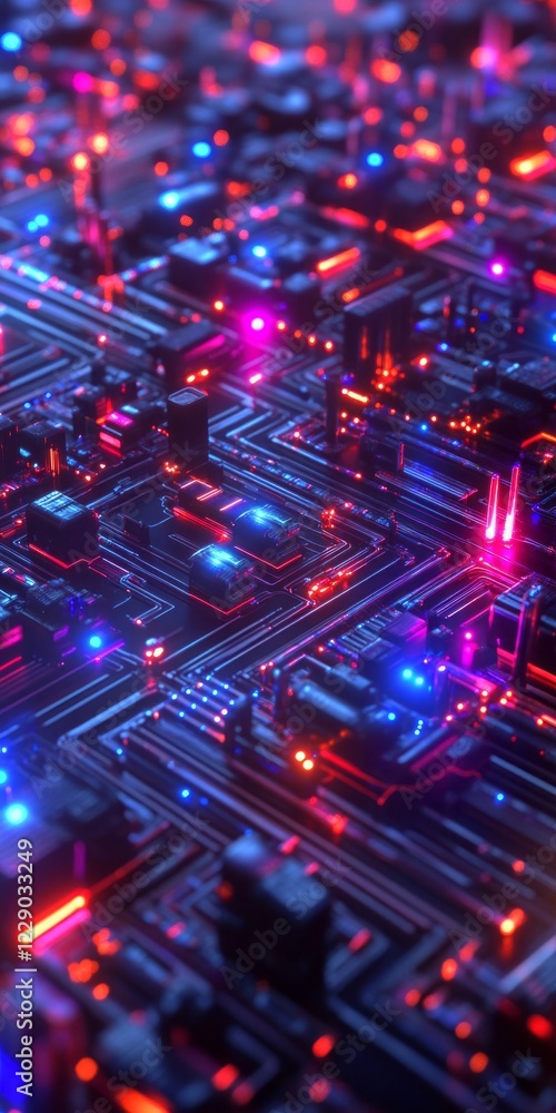 Poster a computer chip with a blue and red background. the chip is made up of many small squares