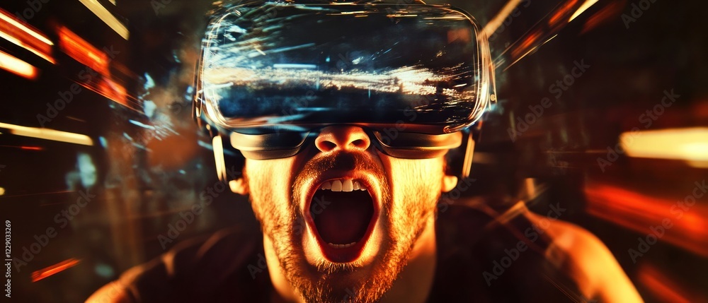 Poster man experiencing intense emotions in virtual reality simulation