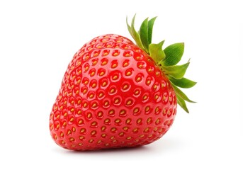 A fresh plump strawberry with a vibrant red surface, isolated on a white background