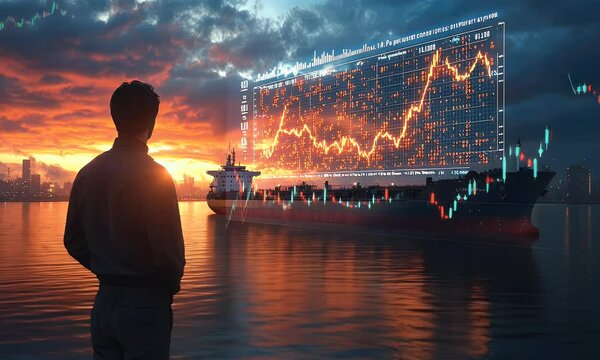 A person gazes at a ship with a digital data overlay against a vibrant sunset backdrop.