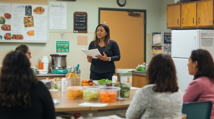 Women attentively participating in a nutrition-focused cooking workshop, learning about balanced meals, healthy eating habits. The atmosphere encourages informed food choices and well-being