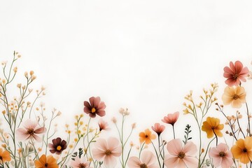 A watercolor painting of a meadow featuring soft pastel-colored wildflowers in pink, yellow, and orange, arranged in a delicate and airy composition on a light background