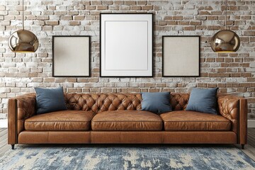 Brown Leather Sofa with Frames and Lamps Against Brick Wall