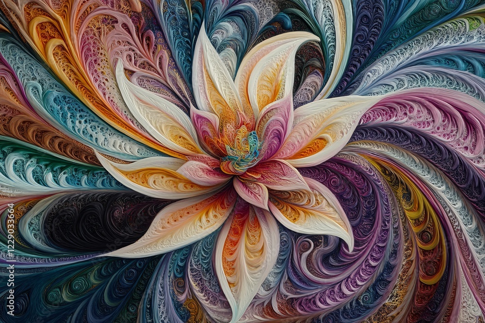 Poster a stunning abstract flower design featuring intricate swirling patterns and vibrant colors, creating