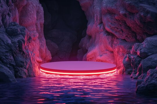 Jagged rocks and a serene waterbed frame an oval-shaped podium glowing with crimson neon light, offering a low perspective view.