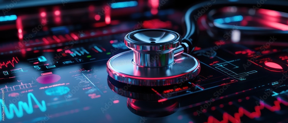Poster stethoscope on a futuristic medical interface with data display
