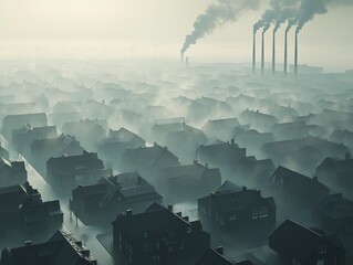 Fog shrouded town with industrial smokestacks in distance.