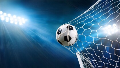 Soccer ball flew into the goal. Soccer ball bends the net, against the background of flashes of light. Soccer ball in goal net on blue background. A moment of delight. 3D new