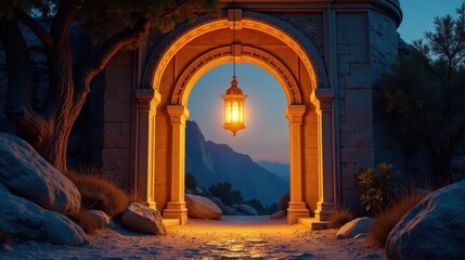 Ancient stone archway illuminated by a hanging lantern at twilight, leading to a serene mountain vista