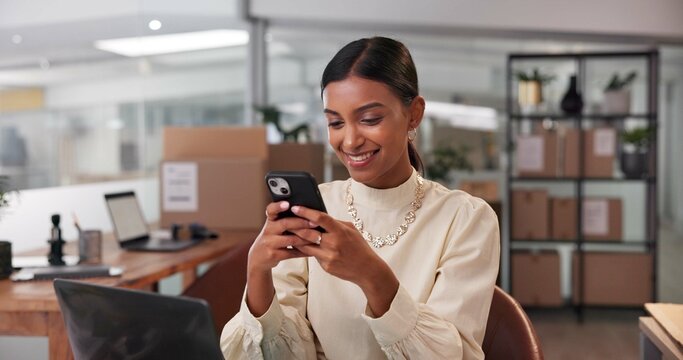 Phone, office and woman in shipping business, typing and reading order update, logistics and sales online. Smile, distribution and mobile for stock, check inventory and social media promo in startup - Powered by Adobe