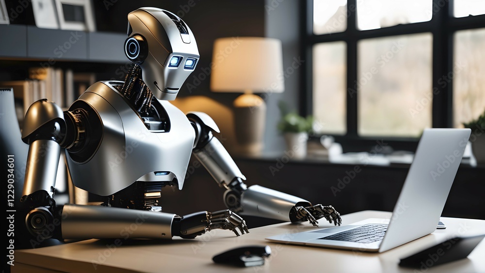 Poster android, robot writing on a laptop in the home office, symbolic image artificial intelligence replac