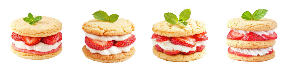 Strawberry cookie sandwiches with creamy filling, isolated on a white background. set cutout png.