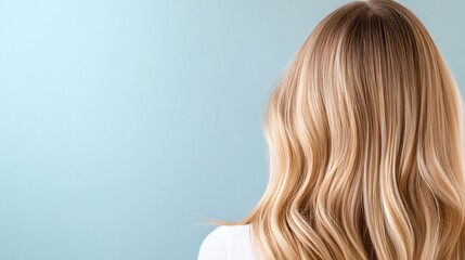 Naklejka premium A close-up view of wavy, blonde hair against a soft blue background, emphasizing texture and color.
