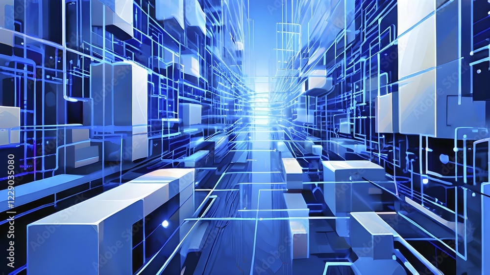 Poster abstract artwork illustrating blockchain technology with interconnected geometric shapes symbolizing