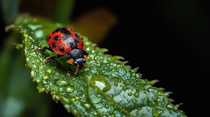 Fototapeta premium Close-up of a ladybug covered in water droplets on a green leaf