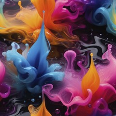Obraz premium Colorful splashes and waves of fluid art on a black background, AI generated