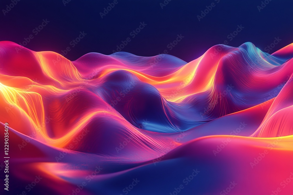 Poster a colorful abstract digital artwork featuring neon waves of light, creating a futuristic and dynamic