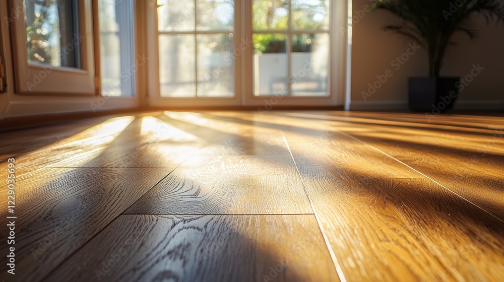 Poster warm rays of sunlight gently illuminate the polished wooden floor, creating an inviting atmosphere i