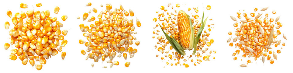 A pile of corn seeds, isolated on a white background. set cutout png.