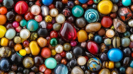 Fototapeta premium A pile of colorful stones and beads. Some are red, some are blue, and some are green