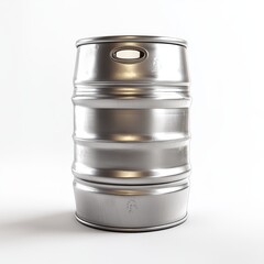 Stainless steel keg on white background.