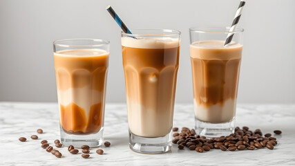 Glasses of delicious layered coffee, beans and straws on grey marble table against light background, space for text. Generative AI