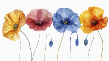 Watercolor painting of multicolored flowers with elongated stems on a white background, AI generated