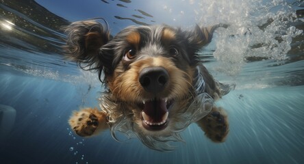 Naklejka premium A lively dog submerged in clear water, creating a playful and dynamic underwater scene, 2:1 wide aspect ratio, AI generated
