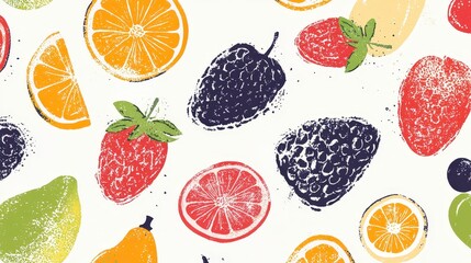 Vibrant Hand-Drawn Fruit Pattern with Citrus and Berries Elements
