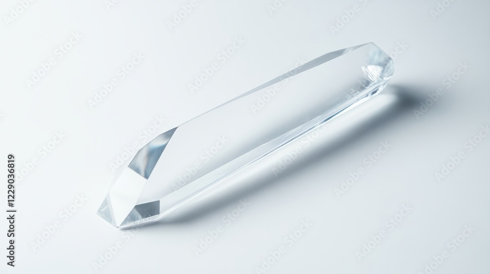 Poster a clear crystal object is on a white surface. it is rectangular in shape. the object is very shiny a