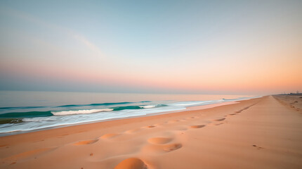 Obraz premium Serene beach landscape, golden sand, gentle ocean waves, pastel sunset sky, soft gradient colors, peaceful coastline, expansive horizon, tranquil atmosphere, ethereal light, dreamy beachscape, minimal