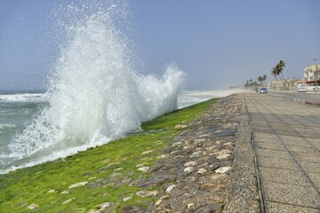 Surf at the corniche of Salalah during the monsoon season, or Khareef season, Salalah, Dhofar region, Orient, Oman, Asia