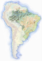 Highly detailed hand-drawn map of South America with Brazil highlighted