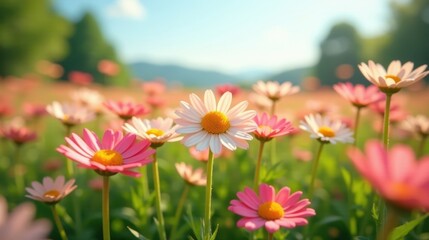 Fototapeta premium A sunlit field of delicate pink and white wildflowers, showcasing the beauty of nature's vibrant blooms in a picturesque pastoral setting.