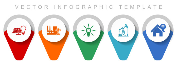 Industry and technology pointer collection, miscellaneous icons such as renewable energy, power plant, oil and gas, flat design vector infographic template in eps 10