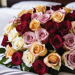 Beautiful mixed-color rose bouquet on a bed in a luxurious hotel room, creating a romantic feel, AI generated