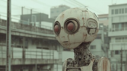 Fototapeta premium Weathered robot stands in urban setting.