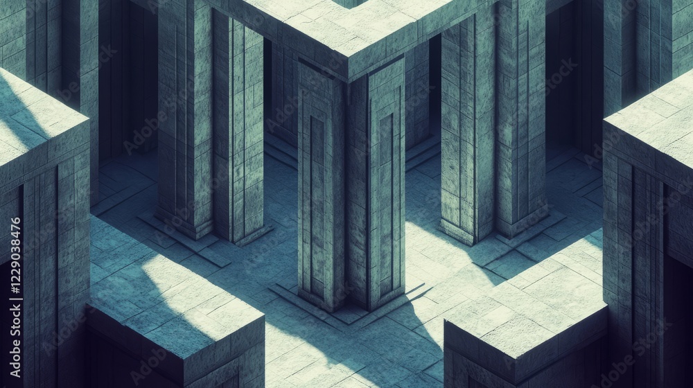 Poster abstract view of geometric concrete structures with dramatic shadows, showcasing modern minimalist a