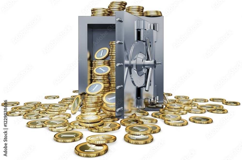 Poster 3d rendering of a open bank vault and coins