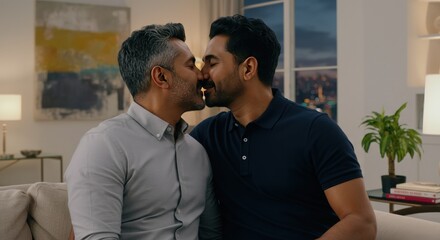 Romantic evening with diverse male couple in modern urban living room setting