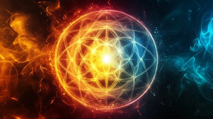 This captivating image features a vibrant cosmic energy sphere, showcasing a dynamic interplay of fiery and cool colors that evoke a sense of harmony and exploration.