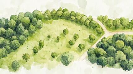 Aerial Watercolor Painting of a Green Orchard with Road