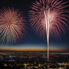Colorful fireworks burst over the horizon, lighting up a city's night sky, AI generated