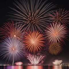Vibrant fireworks bursting in the night sky, reflecting on the water below during a festive celebration, AI generated
