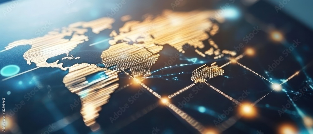 Poster abstract digital world map with glowing lines and nodes