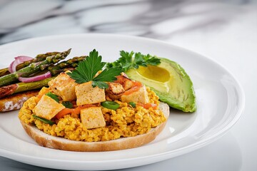 Plant based breakfast option concept. Vibrant tofu scramble with avocado and asparagus on a plate