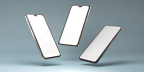 Three sleek smartphones with blank white screens floating in mid-air against a soft blue background. A modern technology mockup for UI, branding, and product presentations.