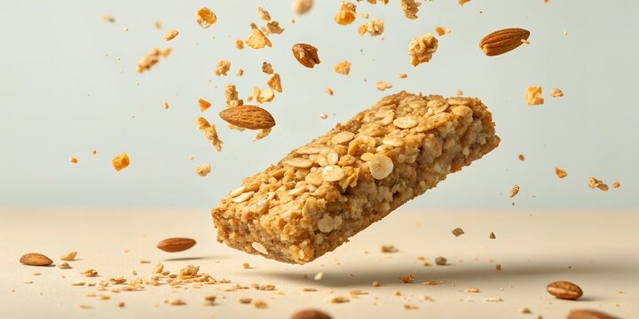 A close-up of a crunchy granola bar floating in mid-air with scattered oat flakes and nuts. A dynamic and clean food photography concept with a light beige background.
